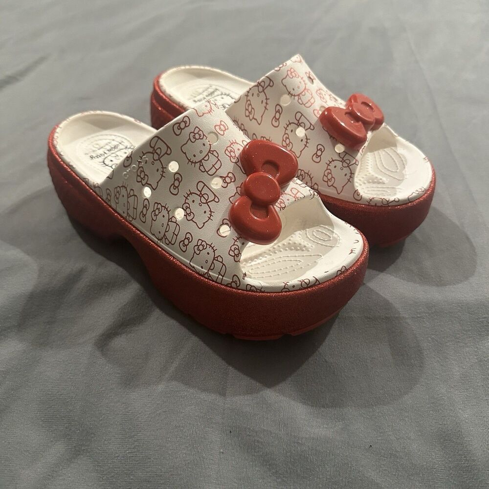Crocs Hello Kitty Stomp Platform Clogs Women’s 10 Red Glitter Slides Bow